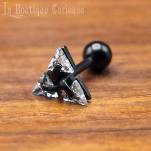 Boucle d'oreille / piercing à l'unité Valknut stylisé noir ou argent en acier et cristal