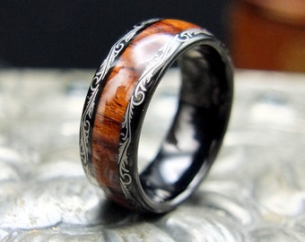 Tungsten ring sacred courage renaissance koa wood