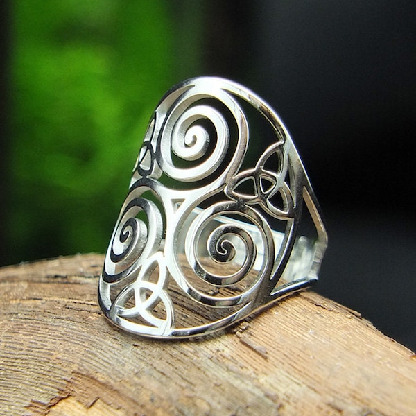 Adjustable Triskel and Triquetra steel ring - silver or gold