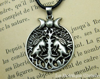 Wiccan Easter Hare, Rabbit, Moon and Tree Pendant