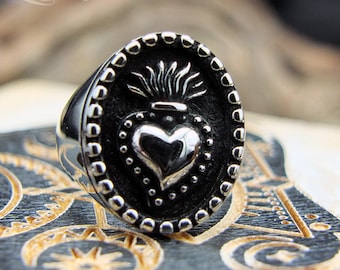 Fiery heart/sacred heart steel ring