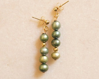 pearl dangle earrings - genuine pearls - gold bead earrings - pearl drop earrings - real pearl earrings - green pearls - gift idea for her