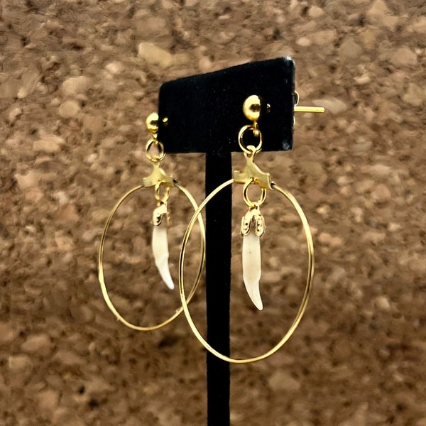 Mink Fang Dangling Hoop earrings Animal Bone Hoops Real teeth earrings Real Animal Bones Fang Earrings Macabre Gothic Witchy jewelry