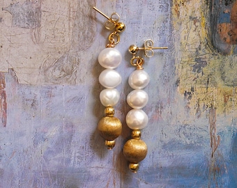 pearl dangle earrings - genuine pearls - gold bead earrings - pearl drop earrings - real pearl earrings - white and gold - gift idea for her