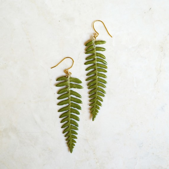 Real fern earrings resin leaf earrings botanical earrings Etsy