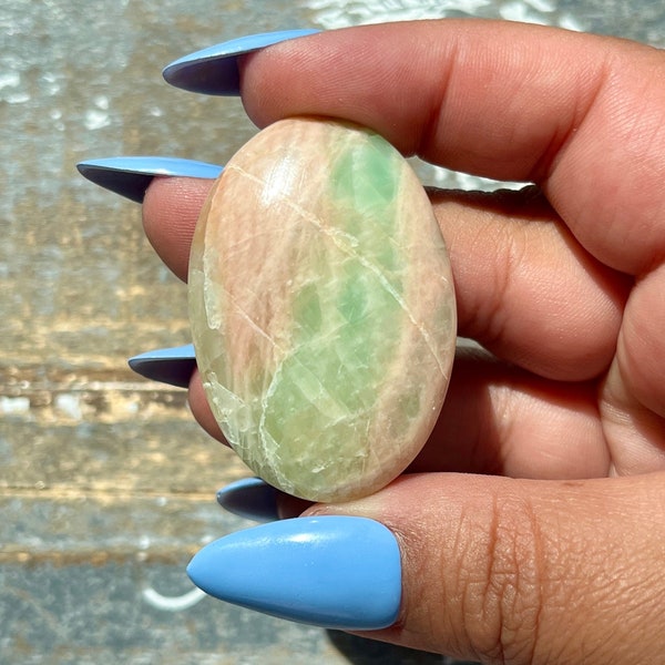 Rare Green Parrot Moonstone Palm Stone from India *Tucson Gem Show Exclusive*