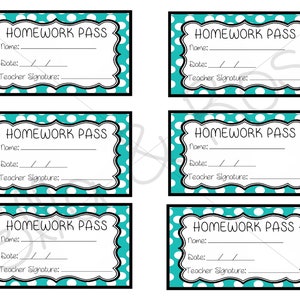Homework Pass Template Digital Download (Sheet of 6)