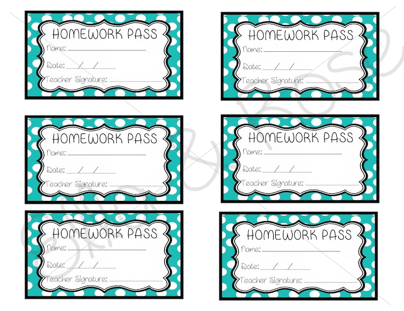 Homework Pass Template Digital Download sheet of 6 - Etsy