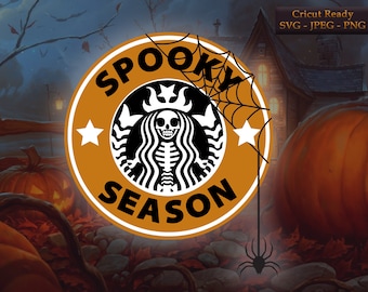 May include: A round orange sticker with a black Starbucks logo and the text "Spooky Season" in a black font. A spider web is hanging from the top of the sticker with a black spider hanging from the bottom.