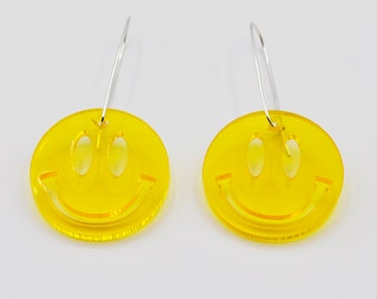 Smiley Face Yellow Earrings  90s Smile Face Earrings  Laser Cut Acrylic Jewelry