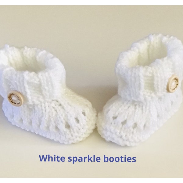Back in stock,White sparkle booties, Booties with buttons, Knit baby booties,