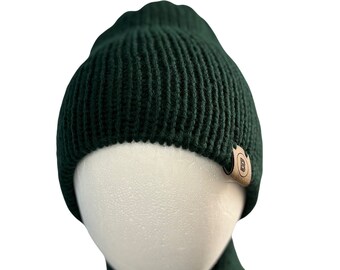 Child's Dark Green Beanie Hat, Knitted Beanie, Knitted Winter Hat, Slouch Hat, Knitted Hat, Woolly Hat, Double Layered, Handmade
