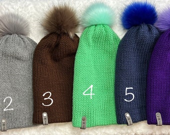 Custom Adult Beanie Hat w/Faux Fur pompom, Winter Hat w/Faux Fur pompom, Winter Hat, Ribbed, Double Layered, Stretchy, Handmade