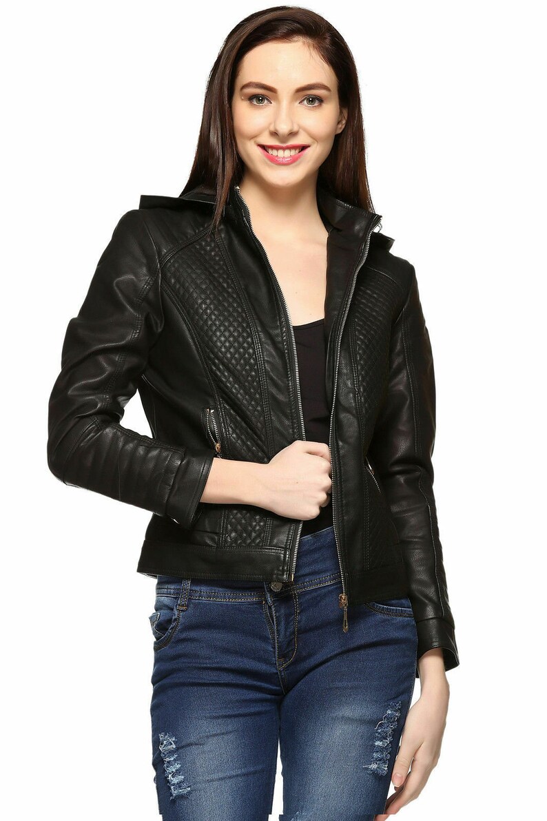 Women /& Girls 100/% Genuine Lambskin Leather Biker Jacket with hooded Slim Fit