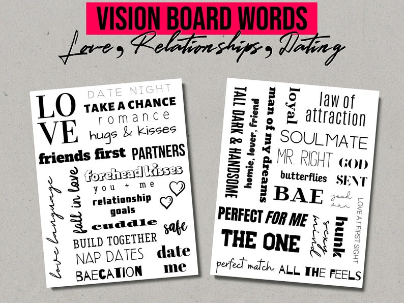 Vision Board Words Love Relationship Dating Printable | Etsy