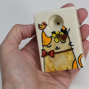 Flower Kitty, Bird, Orange, Brown. Discounted. Square shape, Handmade, Porcelain, Multicolored Glaze, One of a Kind, Pipes, Unique, Fun.