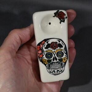 Day of the Dead Skull, dia de los Muertos, Squangular shape, Ceramic, Handmade, Unique, One of a Kind, Pipes, Multicolored Glaze