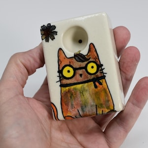 Unicorn Rainbow Cat, Cat with Glasses. Discounted. Square shape, Handmade, Porcelain, Multicolored Glaze, One of a Kind, Pipes, Unique, Fun.
