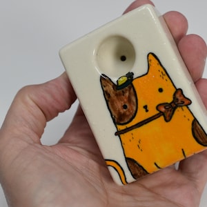 Kitty, Brown and Orange Kitty. Discounted. Square shape, Handmade, Porcelain, Multicolored Glaze, One of a Kind, Pipes, Unique, Fun.