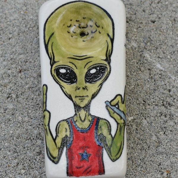 Space Alien, Peace Alien, Tank Top Alien, Alien, Squangular shape, Ceramic, Handmade, Unique, One of a Kind, Pipes, Multicolored Glaze.