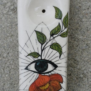 Mystical Eye, Flower and Vine, Pyramid, Squangular shape, Ceramic, Handmade, Unique, One of a Kind, Pipes, Multicolored Glaze.