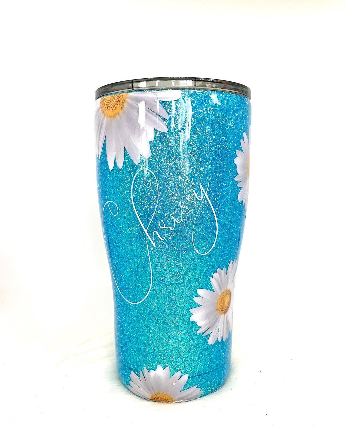 Daisy Flower Glitter Handmade Tumbler. Daisy Tumbler. Blue Etsy