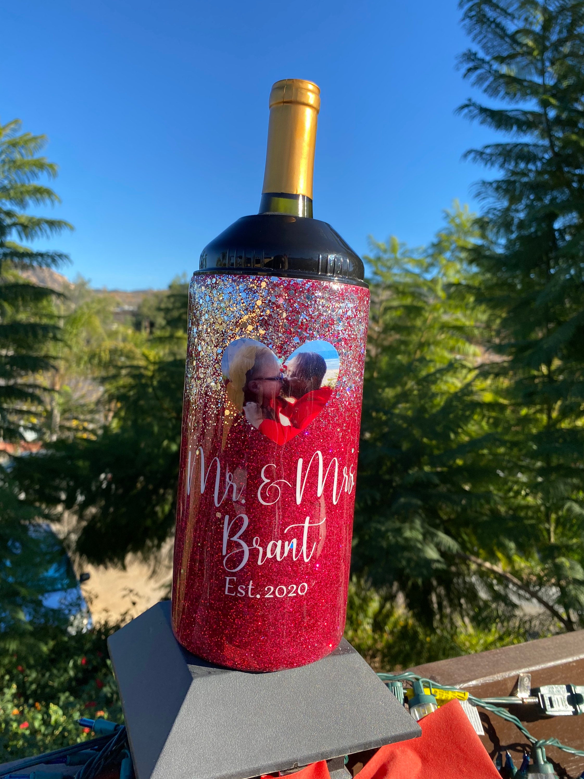 Stainless steel wine chiller customized with name and decal. Etsy