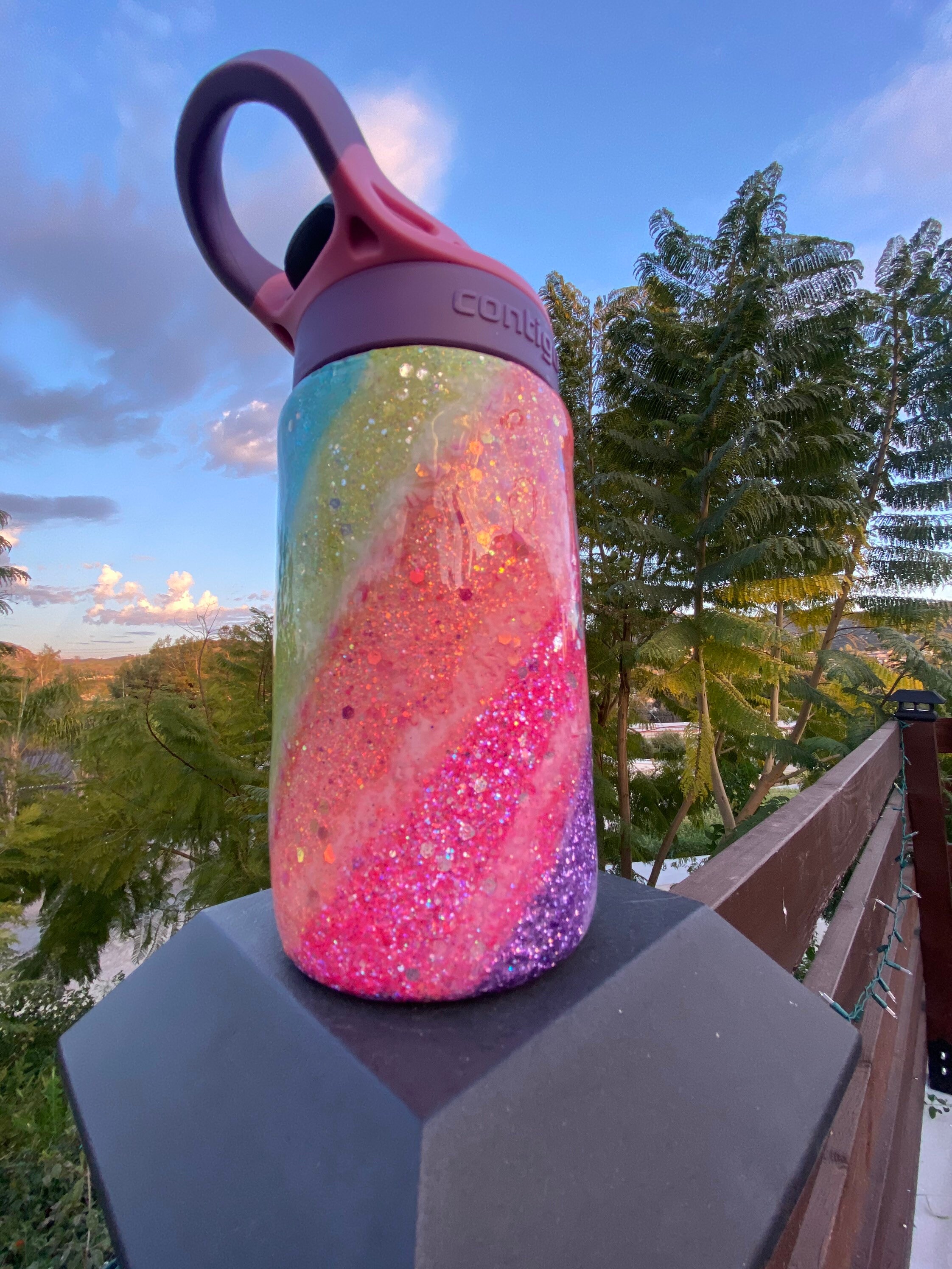 Rainbow handmade glitter water bottle. Kids sippy cup. Etsy