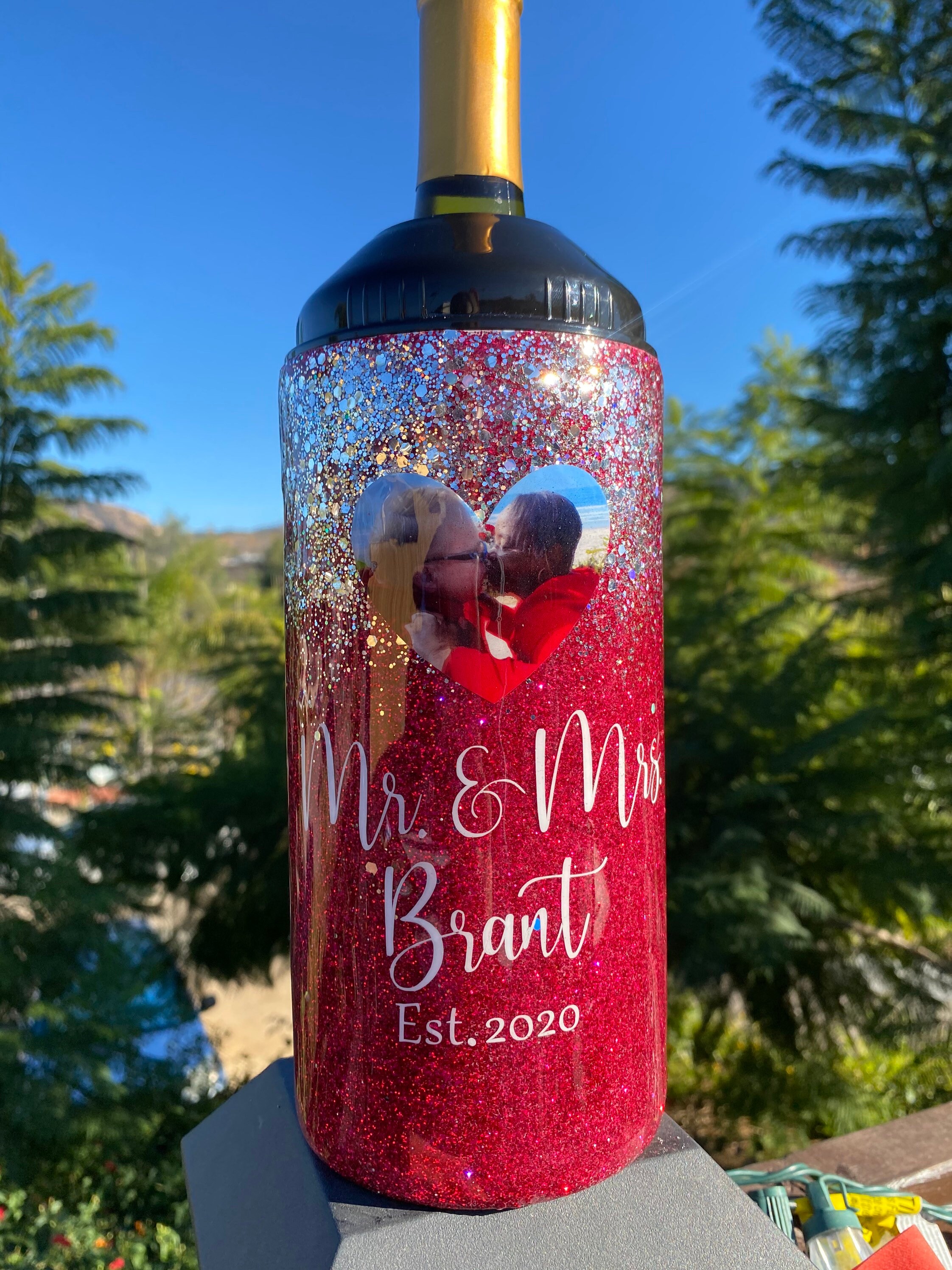 Stainless steel wine chiller customized with name and decal. Etsy