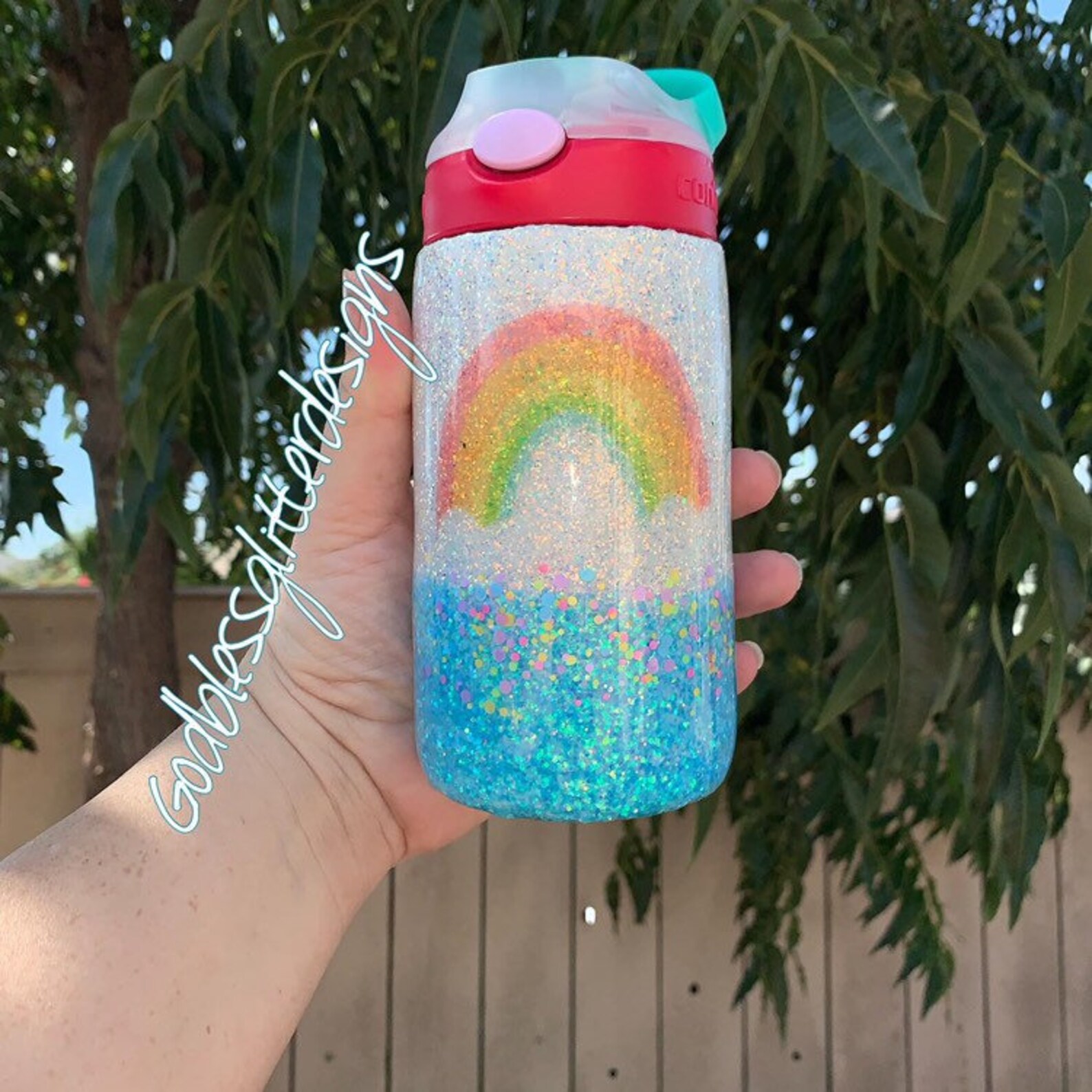 Rainbow handmade glitter water bottle. Kids sippy cup. Etsy