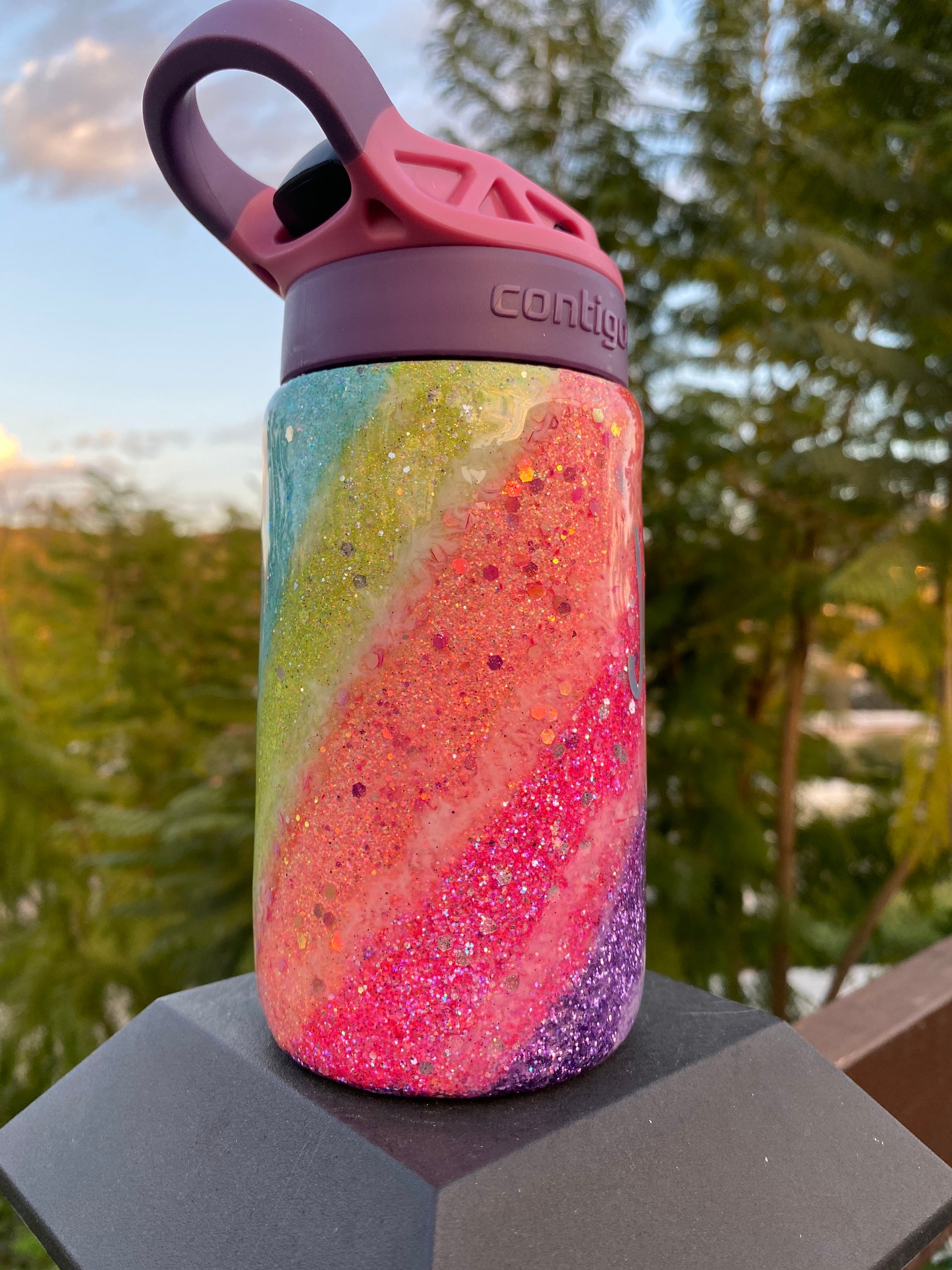 Rainbow handmade glitter water bottle. Kids sippy cup. | Etsy