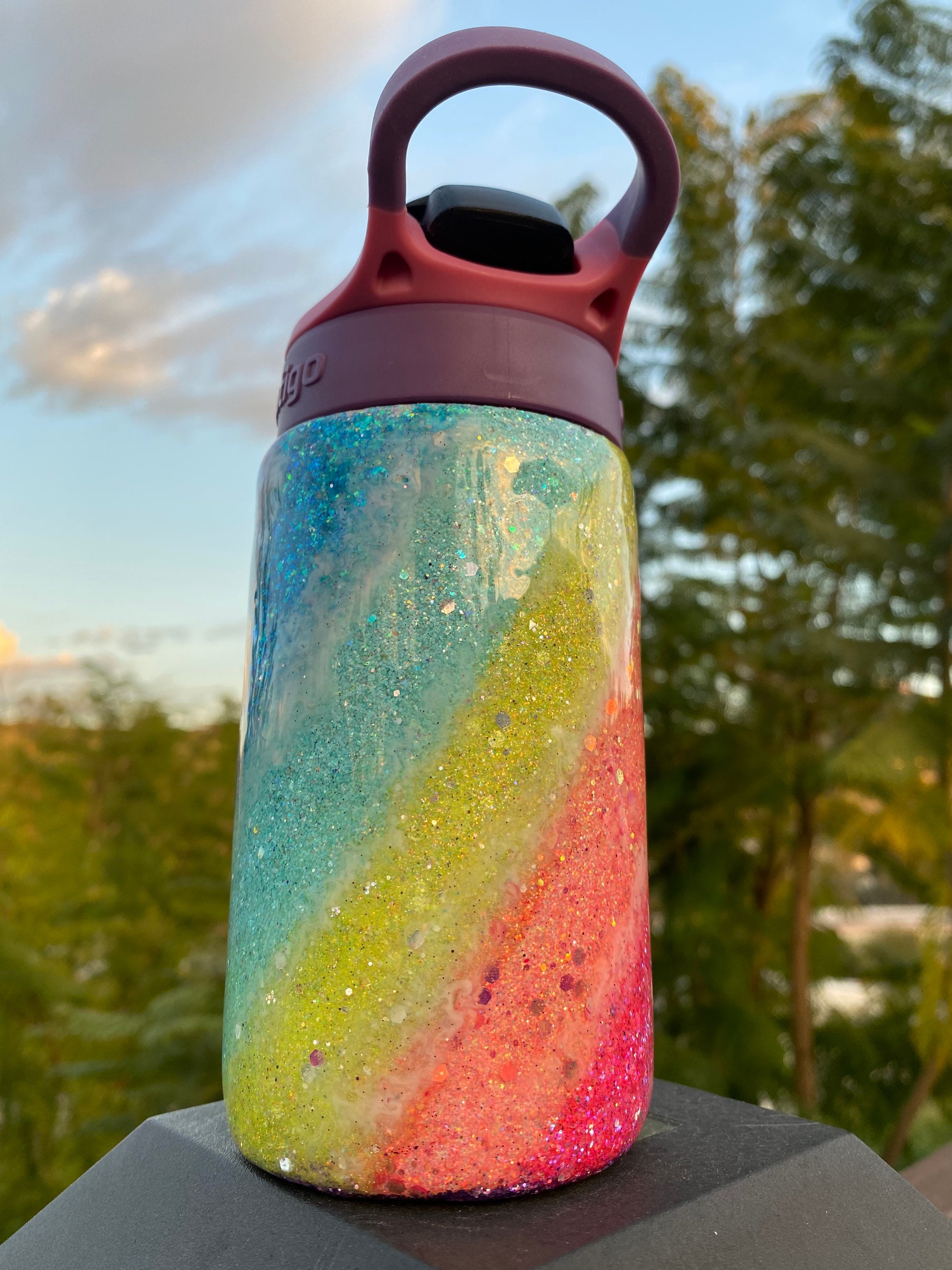 Rainbow handmade glitter water bottle. Kids sippy cup. Etsy