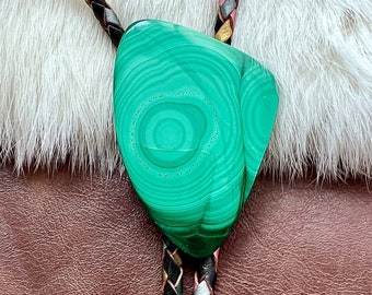 Freeform Malachite Bolo Tie! Genuine Leather Braided Cord 41" Multi, Fashion Accessory Men Women Wedding, Gift Idea, FREE PRIORITY SHIPPING!