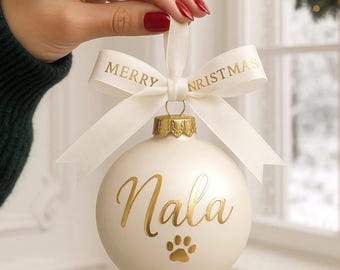 Personalized Glass Christmas Ornament – 8 cm Ø – Off-White, Matte or Glossy, with Gold Crown & Festive Satin Ribbon