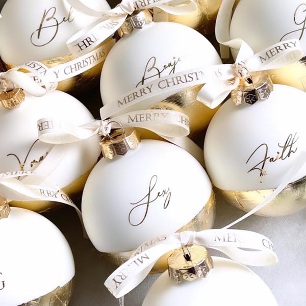 Personalized Christmas ornament, wool white glass bauble, matt or glossy, with gold, silver or copper leaf, personalized Christmas gift idea