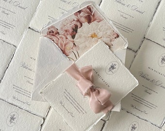 Personalized invitation card AMELIE, on handmade handmade paper with silk bow, wax seal, envelope lining and sender