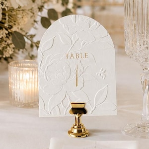 Wedding Table Number with Floral 3D Blind Embossing on Handmade Deckle-Edge Paper in 6 Colors – Elegant Wedding Table Décor