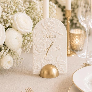 Wedding Table Number with Floral 3D Blind Embossing on Handmade Deckle-Edge Paper in 6 Colors – Elegant Wedding Table Décor