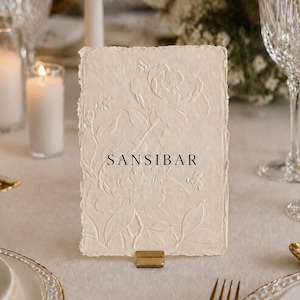 Elegant Wedding Table Card with name, on cotton paper or handmade paper with deckled edges with 3D floral embossing, Minimalist Table Number