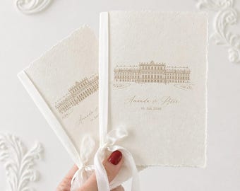 Personalized Wedding Vow Book Handmade Cotton Paper with Venue Illustration & Silk Ribbon Vow Book Set Bride Groom A5 A6