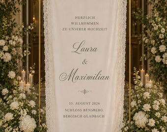 Personalized Wedding Welcome Sign on Fabric with Lace Trim, Unique Wedding Banner in Elegant Linen Look with custom design