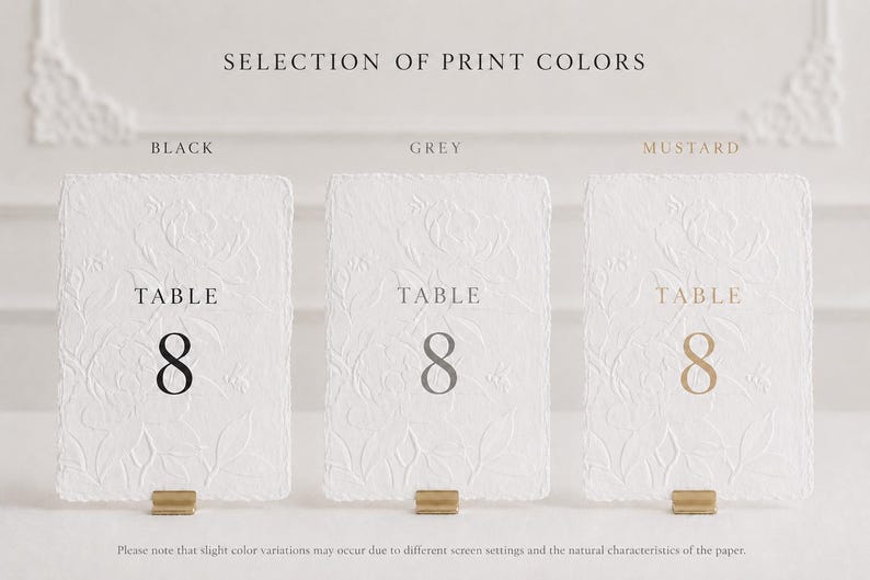 Minimalistische und elegante Tischnummern für Hochzeit & Event auf hochwertigem handgeschöpftem Büttenpapier in Weiß oder Ivory. Veredelt mit floraler Blindprägung und edlem Digitaldruck, wählbar in 3 stilvollen Farben. Die Fine-Art Tischkarten schaffen eine luxuriöse und zeitlose Tischdekoration für moderne Hochzeiten, Dinner, Gala oder exklusive Feiern. Ideal für Brautpaare, die elegante Papeterie, hochwertige Hochzeitsdeko und individuelles Design lieben.