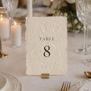 Minimalistische und elegante Tischnummern für Hochzeit & Event auf hochwertigem handgeschöpftem Büttenpapier in Weiß oder Ivory. Veredelt mit floraler Blindprägung und edlem Digitaldruck, wählbar in 3 stilvollen Farben. Die Fine-Art Tischkarten schaffen eine luxuriöse und zeitlose Tischdekoration für moderne Hochzeiten, Dinner, Gala oder exklusive Feiern. Ideal für Brautpaare, die elegante Papeterie, hochwertige Hochzeitsdeko und individuelles Design lieben.