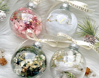 Unique Luxury Christmas Ornament | 8cm Glass Personalized | Filled with Pearls and White Dried Flowers | Christmas Tree Decoration