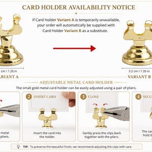 Puede incluir: Dos tarjeteros de metal dorado, etiquetados como Variante A y Variante B, que miden 4,5 cm de alto y 3,2 cm de ancho. La imagen incluye texto instructivo sobre c&oacute;mo ajustar los clips con alicates para asegurar una tarjeta.