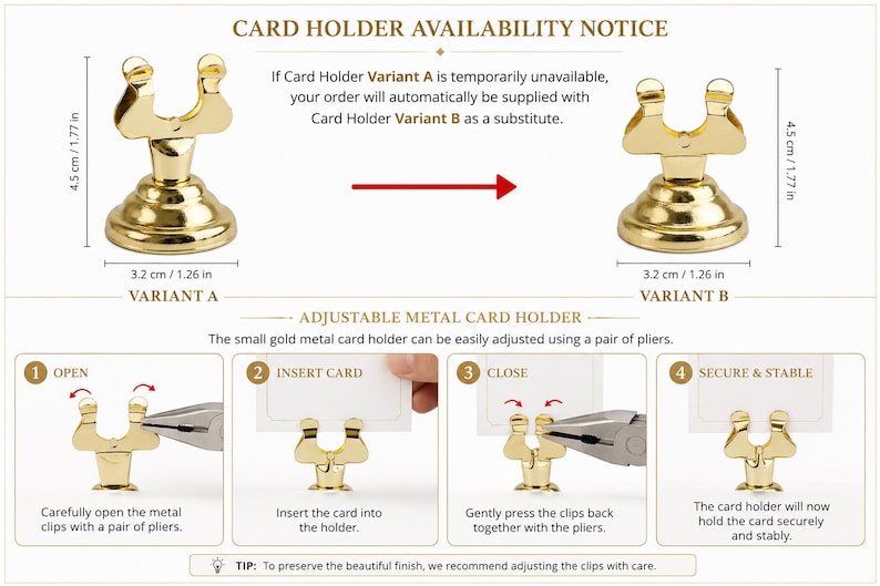 Puede incluir: Dos tarjeteros de metal dorado, etiquetados como Variante A y Variante B, que miden 4,5 cm de alto y 3,2 cm de ancho. La imagen incluye texto instructivo sobre c&oacute;mo ajustar los clips con alicates para asegurar una tarjeta.