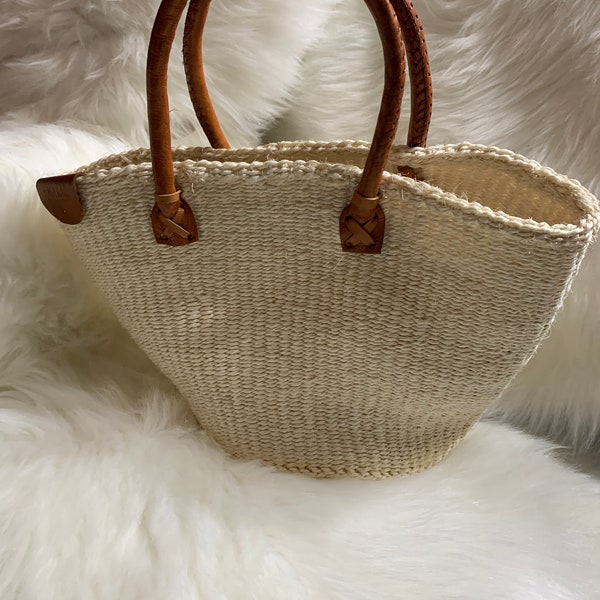 White tote basket, beautiful gift handwoven in sisal fibre with leather handles