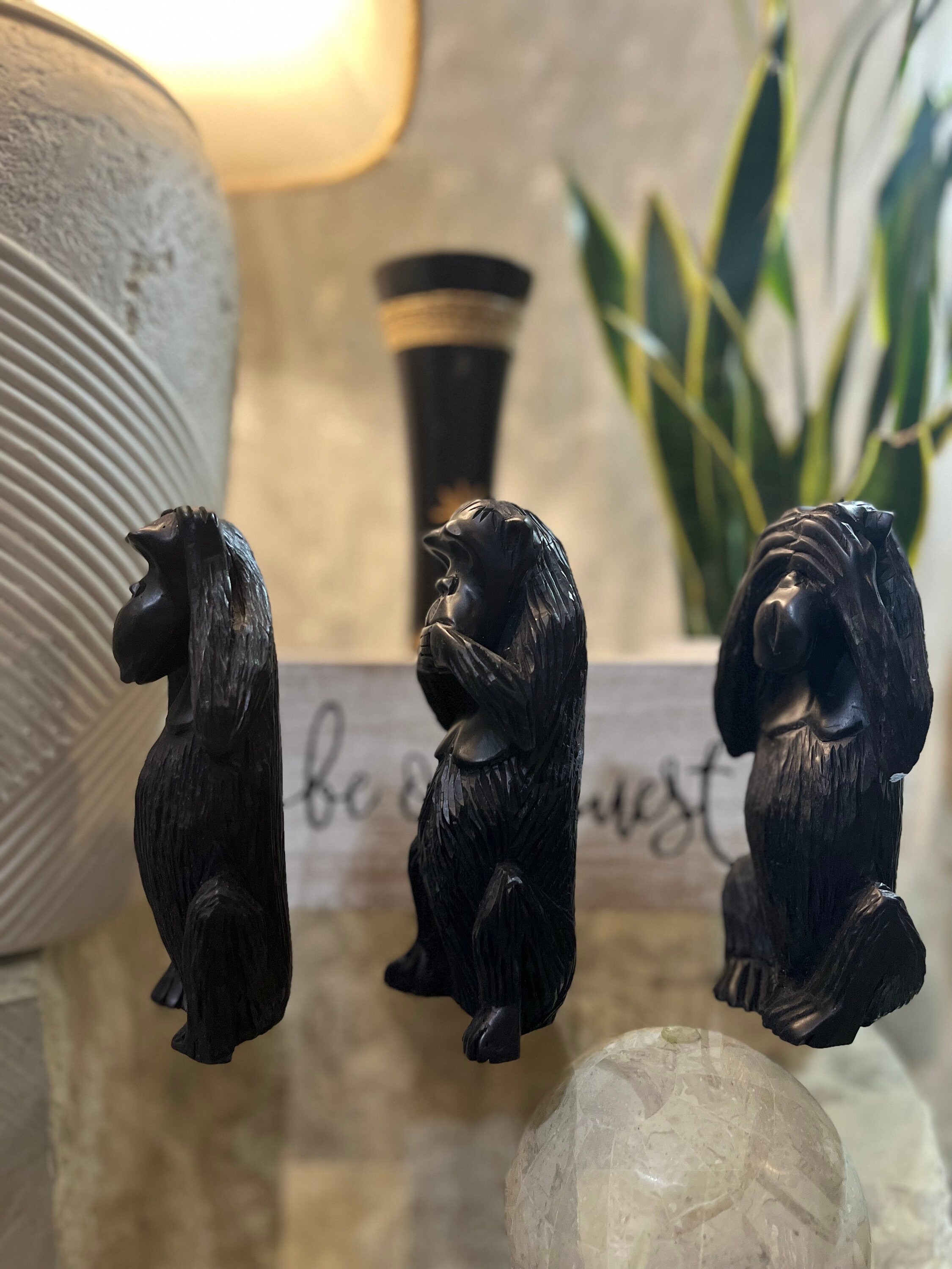 Three Wise Monkeys in Pure Ebony Wood: See No Evil - Say No