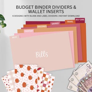 Puede incluir: Separadores de carpeta de presupuesto e insertos de billetera con etiquetas para diferentes categorías. Incluye insertos con temática de calabaza y una pila de billetes de veinte libras.