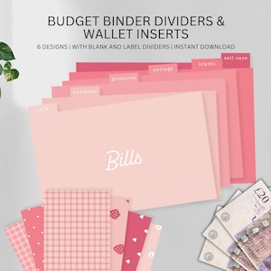 Op de afbeelding: Roze budgetmapverdelers en portemonnee-inzetstukken met labels voor rekeningen, dagelijks, sparen, reizen en zelfzorg. De afbeelding bevat patronen en een stapel Britse twintig-pond-biljetten.